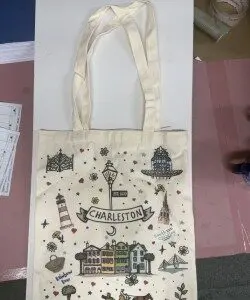 Charleston themed tote bag with illustrated landmarks