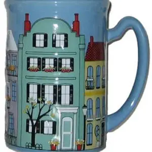 Blue mug with colorful building design