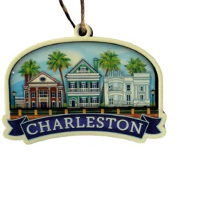 Charleston ornament with historic buildings and palm trees.