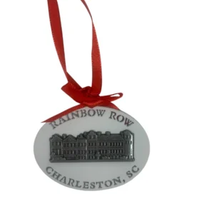 Rainbow Row ornament with red ribbon.