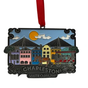 Charleston ornament with colorful buildings and carriage.