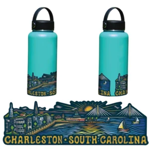 Turquoise bottles with Charleston, South Carolina design.