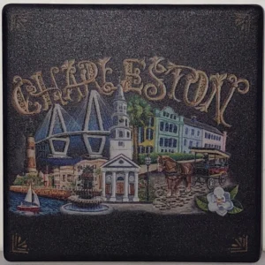 Charleston landmarks illustrated on a decorative tile.
