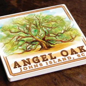 Angel Oak illustration on a wooden coaster.