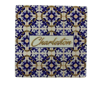 Blue patterned tile with "Charleston" text.