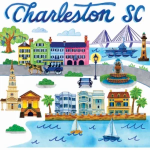 Charleston SC landmarks and colorful illustrations.