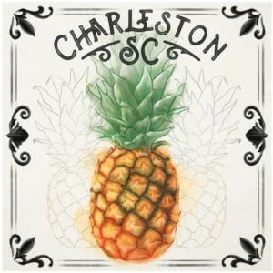 Charleston SC pineapple illustration with ornate border.