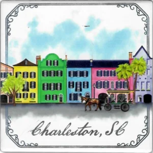Colorful Charleston buildings with horse-drawn carriage.