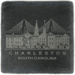 Charleston South Carolina skyline on slate coaster.