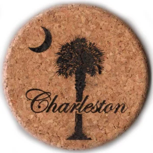 Charleston cork coaster with palm tree design.