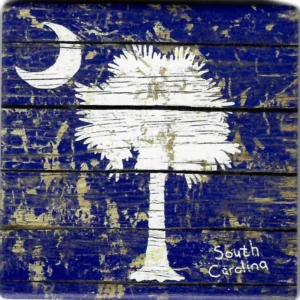 South Carolina flag on distressed wood.