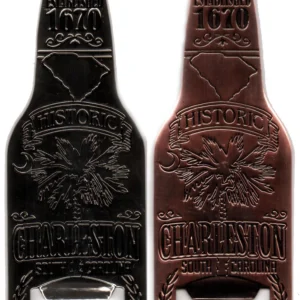 Charleston bottle openers, silver and bronze.