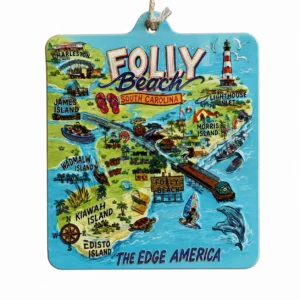 Colorful Folly Beach illustrated map, South Carolina.