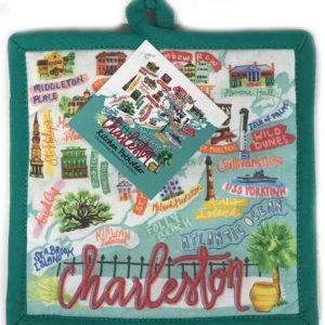 Colorful Charleston-themed kitchen potholder design.