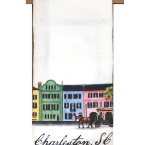 Colorful Charleston, SC buildings on kitchen towel.