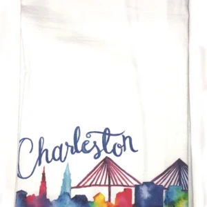 Charleston skyline design on kitchen towel.