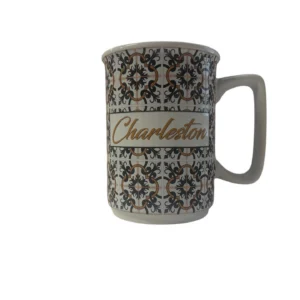 Decorative mug with "Charleston" and intricate patterns.