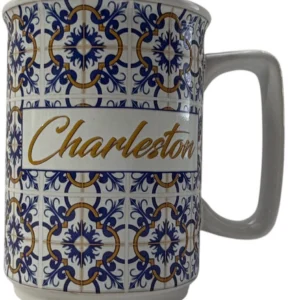 Mug with Charleston design and blue patterns.