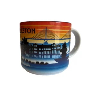 Charleston-themed mug with bridge and sunset design.