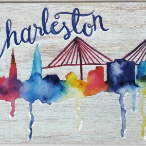 Charleston skyline watercolor with bridge illustration.