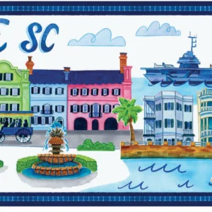 Charleston SC landmarks and colorful buildings illustration.