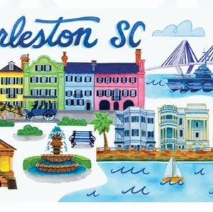 Charleston SC landmarks and colorful buildings illustration.
