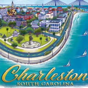 Charleston South Carolina illustrated cityscape and coast.