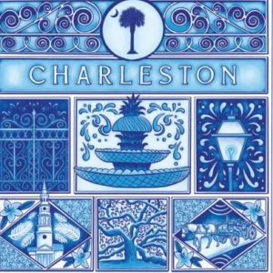Charleston-themed blue and white illustrated collage.