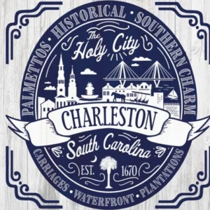 Charleston emblem with historical landmarks illustration.