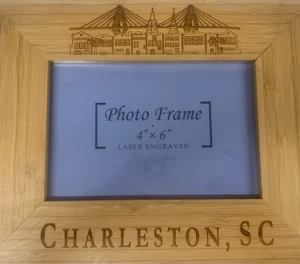 Wooden photo frame with Charleston, SC engraving.