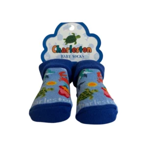 Blue baby socks with colorful animal prints.