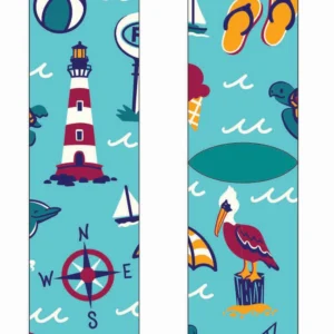 Illustrated beach-themed socks with lighthouse design.