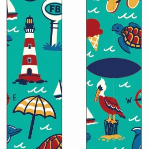 Colorful beach-themed socks with playful illustrations.