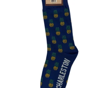 Blue sock with pineapples and "Charleston" text.