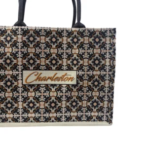 Patterned tote bag with "Charleston" text.