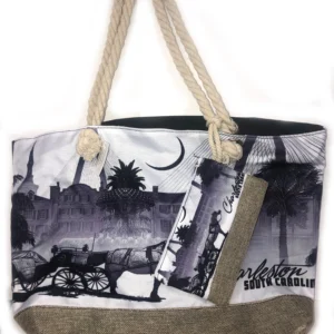 Charleston-themed tote bag with rope handles.