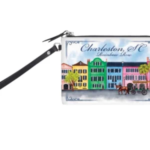 Charleston-themed wristlet with colorful buildings illustration.