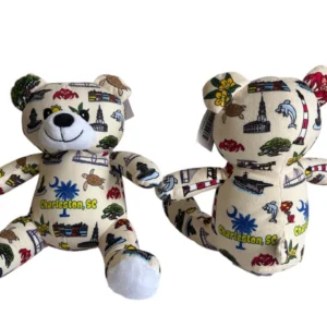 Charleston-themed teddy bears with colorful designs.