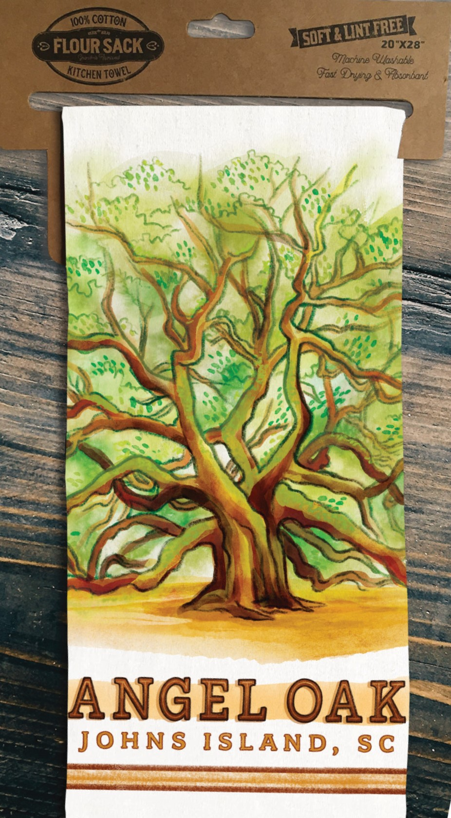 Flour sack towel with Angel Oak illustration.